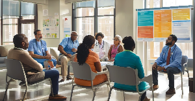 A diverse group of adults in a clinic discussing vaccination options with a healthcare provider, surrounded by colorful health posters and natural light.
