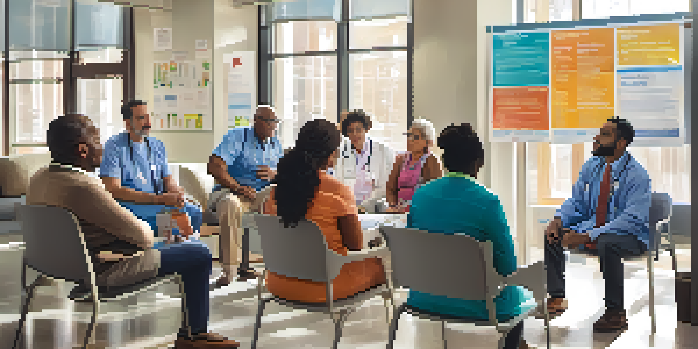 A diverse group of adults in a clinic discussing vaccination options with a healthcare provider, surrounded by colorful health posters and natural light.