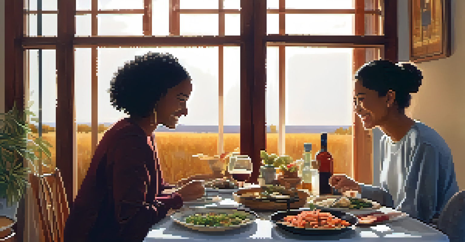 Two individuals from different cultures sharing a meal at a warmly lit table, with a variety of dishes showcasing their cuisines.
