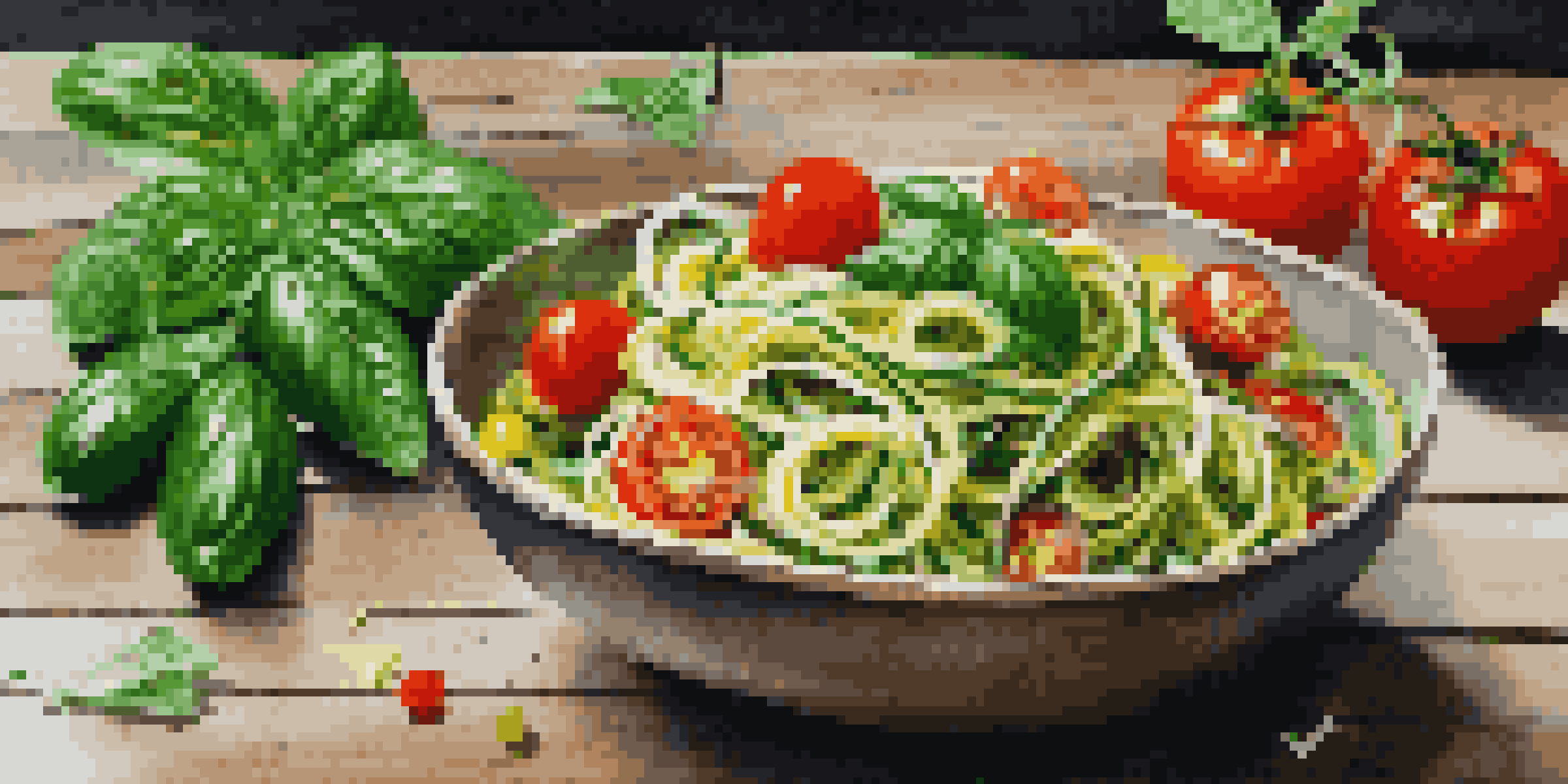 A colorful bowl of zucchini noodles with cherry tomatoes and basil on a rustic wooden table.