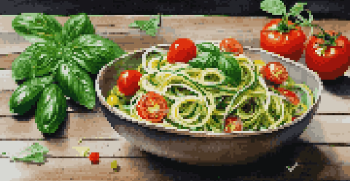 A colorful bowl of zucchini noodles with cherry tomatoes and basil on a rustic wooden table.