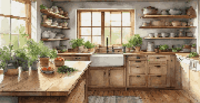 An inviting kitchen with bamboo cabinets and reclaimed wood countertops, filled with natural light and fresh herbs on the windowsill.