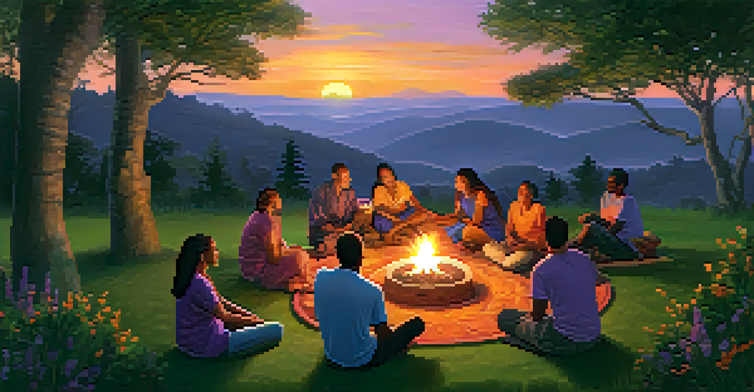 A group of diverse individuals sitting in a circle outdoors sharing stories during sunset, surrounded by greenery.