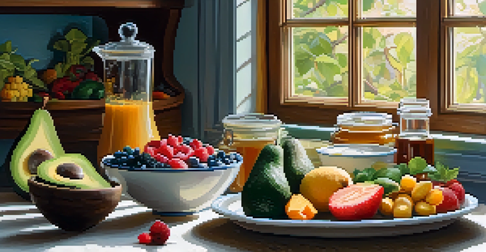 A bright kitchen table filled with fresh fruits, vegetables, and a bowl of yogurt, showcasing healthy foods for gut health.