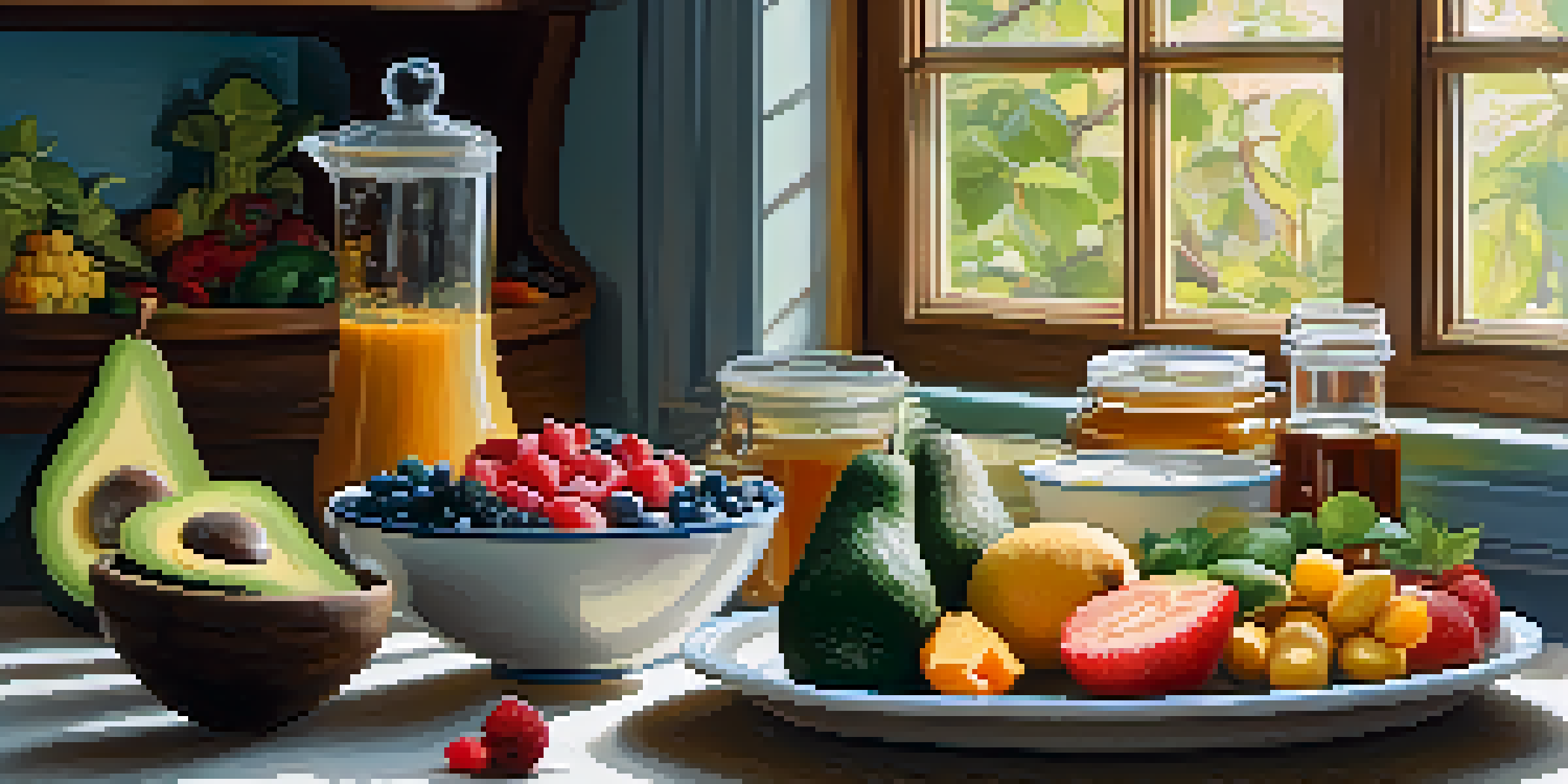 A bright kitchen table filled with fresh fruits, vegetables, and a bowl of yogurt, showcasing healthy foods for gut health.