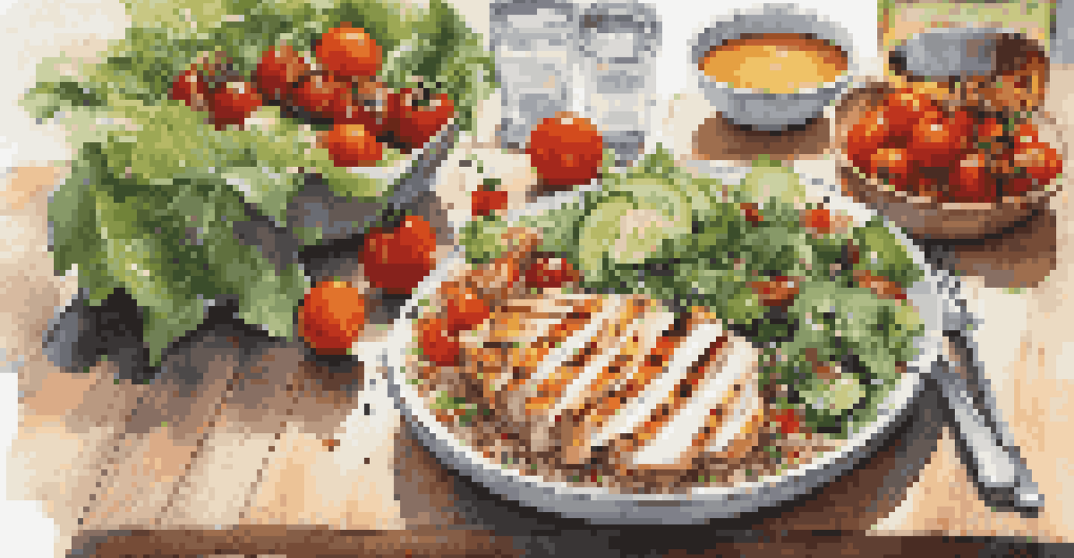 A healthy meal with a colorful salad, quinoa, and fresh juice on a wooden table in a sunny kitchen.
