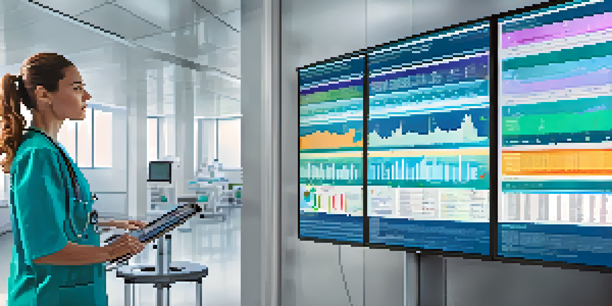A healthcare professional focused on analyzing data displayed on a digital screen in a modern hospital, surrounded by medical equipment and colorful charts.