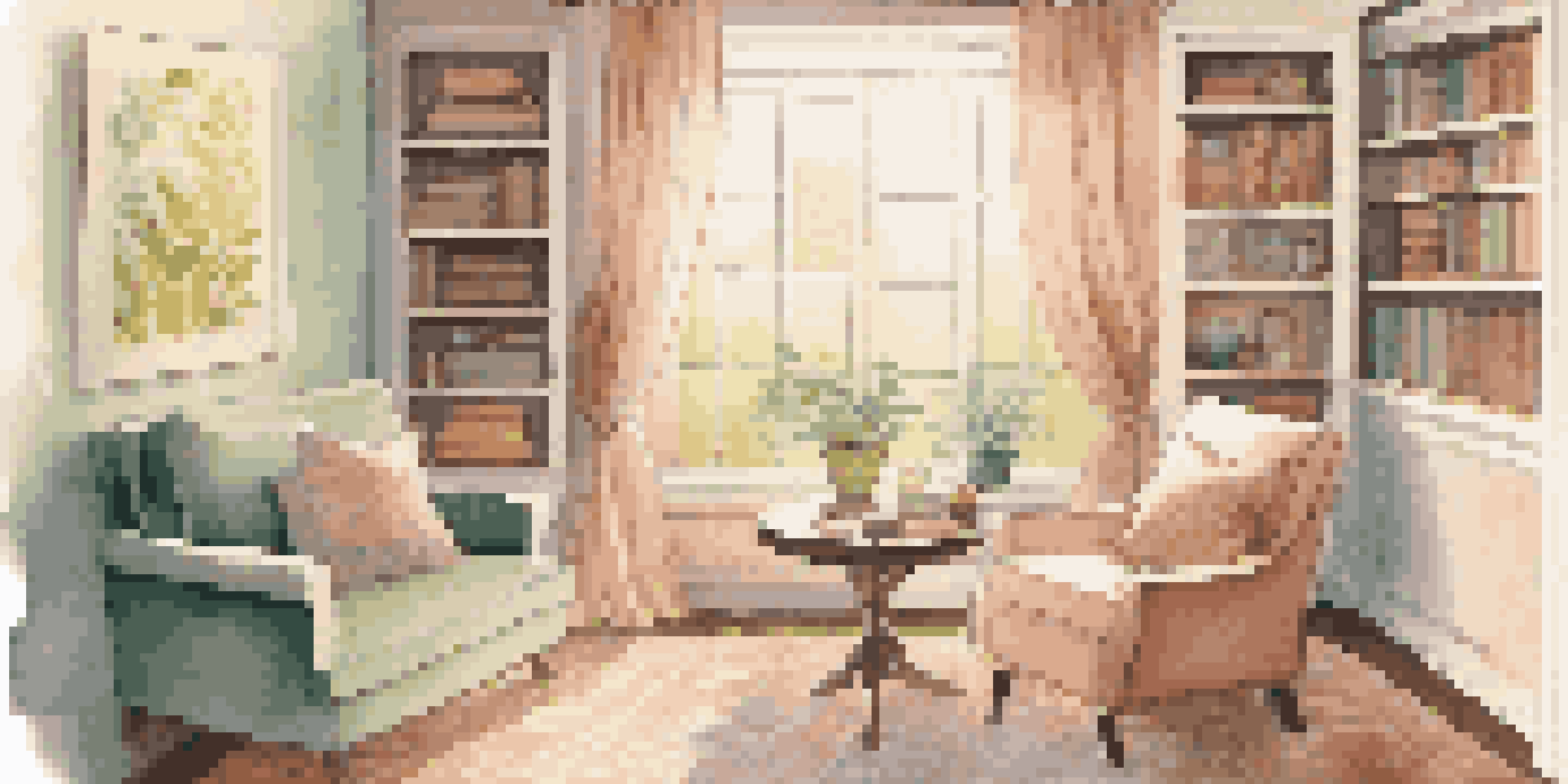 A tranquil living room with a cozy reading nook, sunlight filtering through sheer curtains, and a bookshelf filled with books.