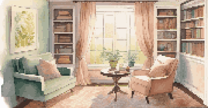 A tranquil living room with a cozy reading nook, sunlight filtering through sheer curtains, and a bookshelf filled with books.