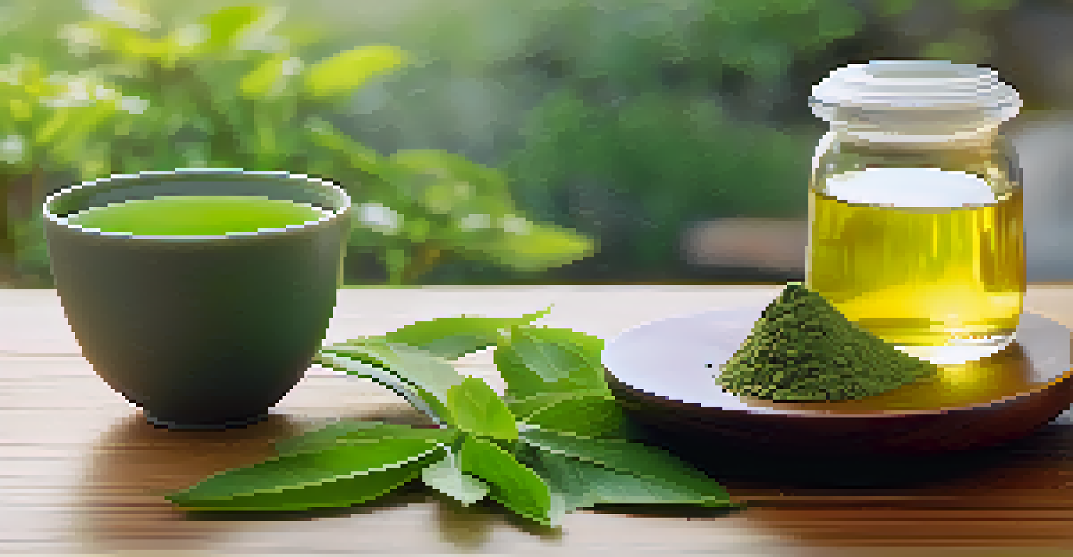 Close-up of matcha green tea and herbal supplement on a wooden table, with a blurred garden in the background.