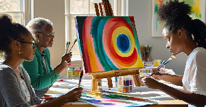 A bright art therapy session with diverse individuals painting in a sunlit room filled with colorful artworks.