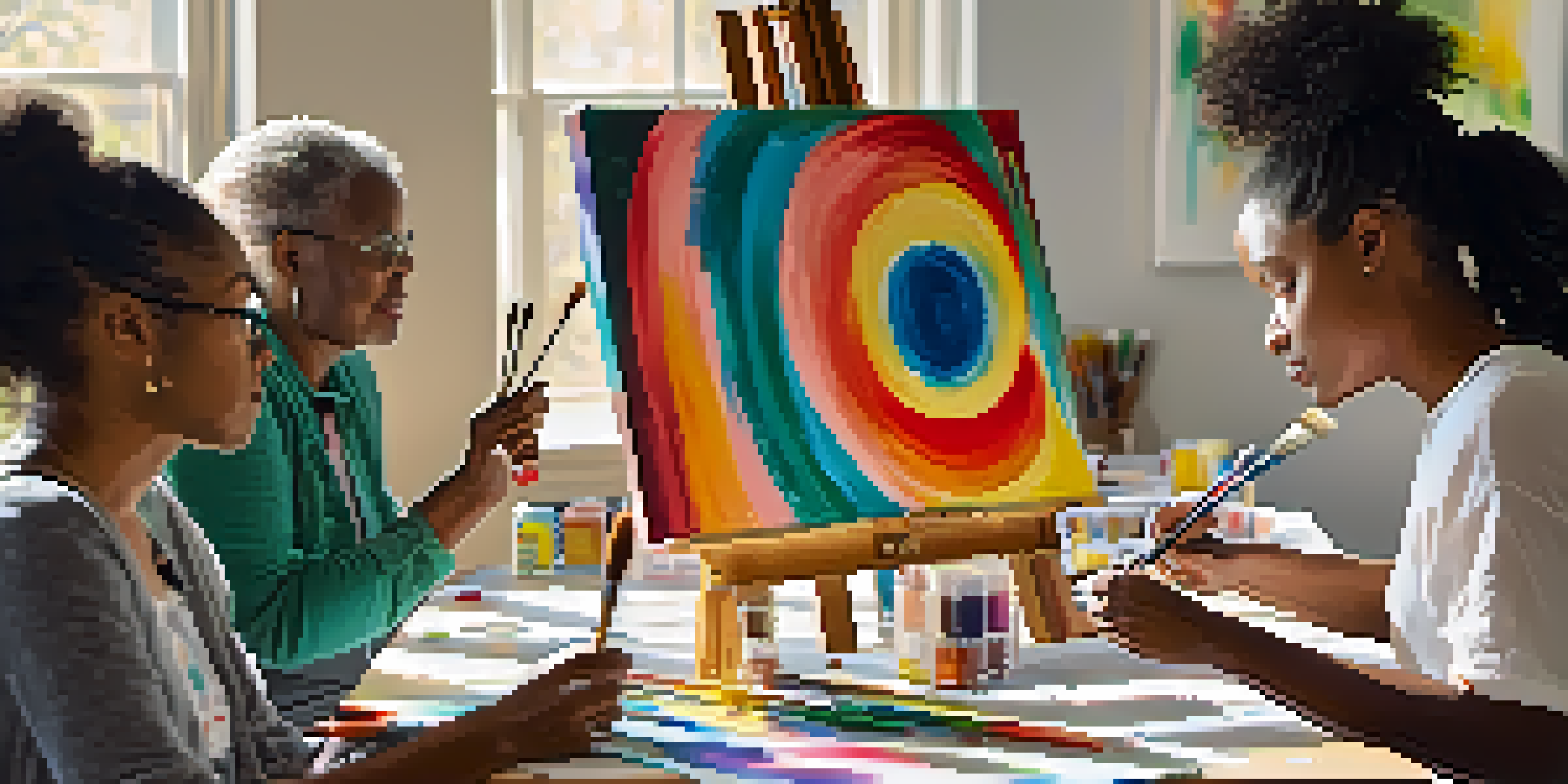 A bright art therapy session with diverse individuals painting in a sunlit room filled with colorful artworks.