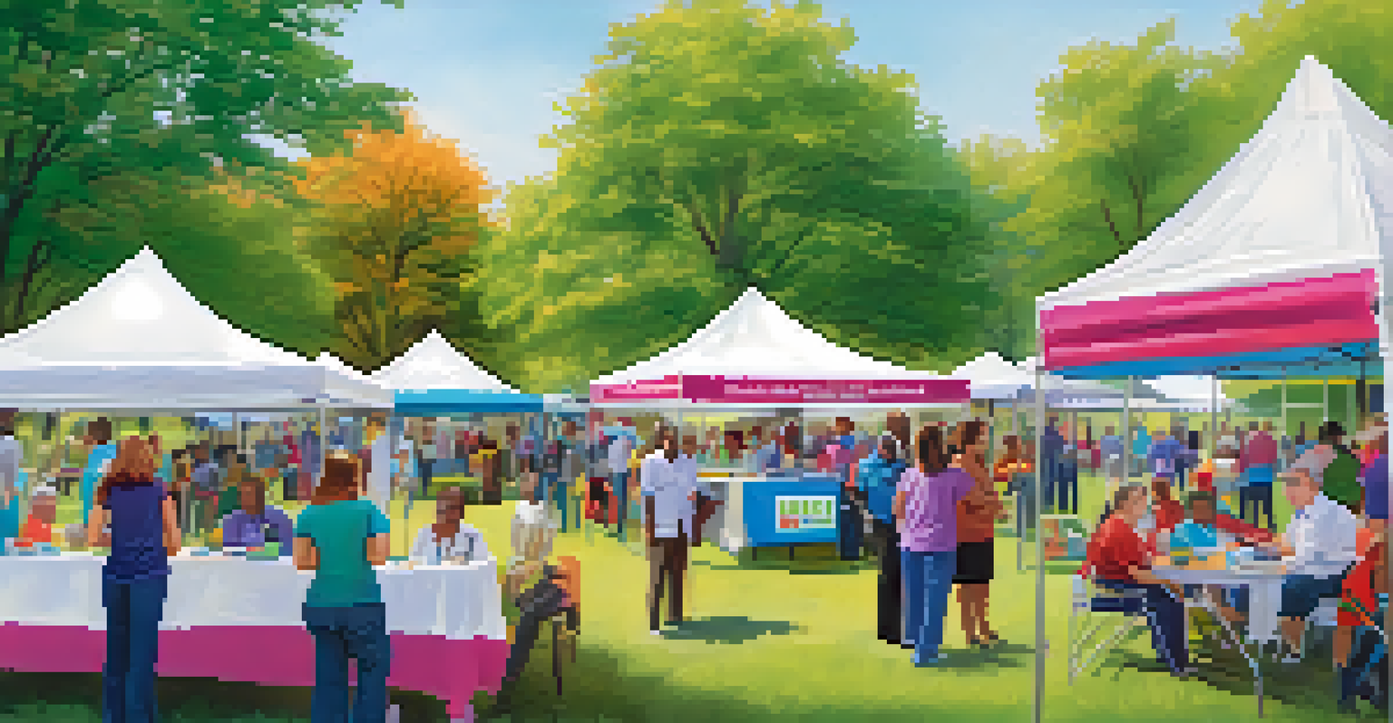 A community health fair with healthcare professionals and diverse residents interacting at booths in a vibrant park setting.