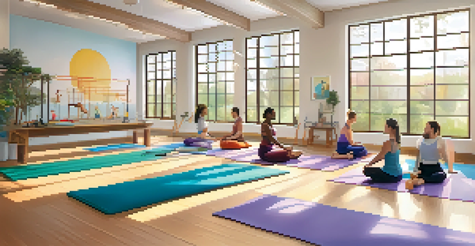 A Pilates studio with individuals of varying abilities practicing exercises on mats, surrounded by natural light and supportive props.
