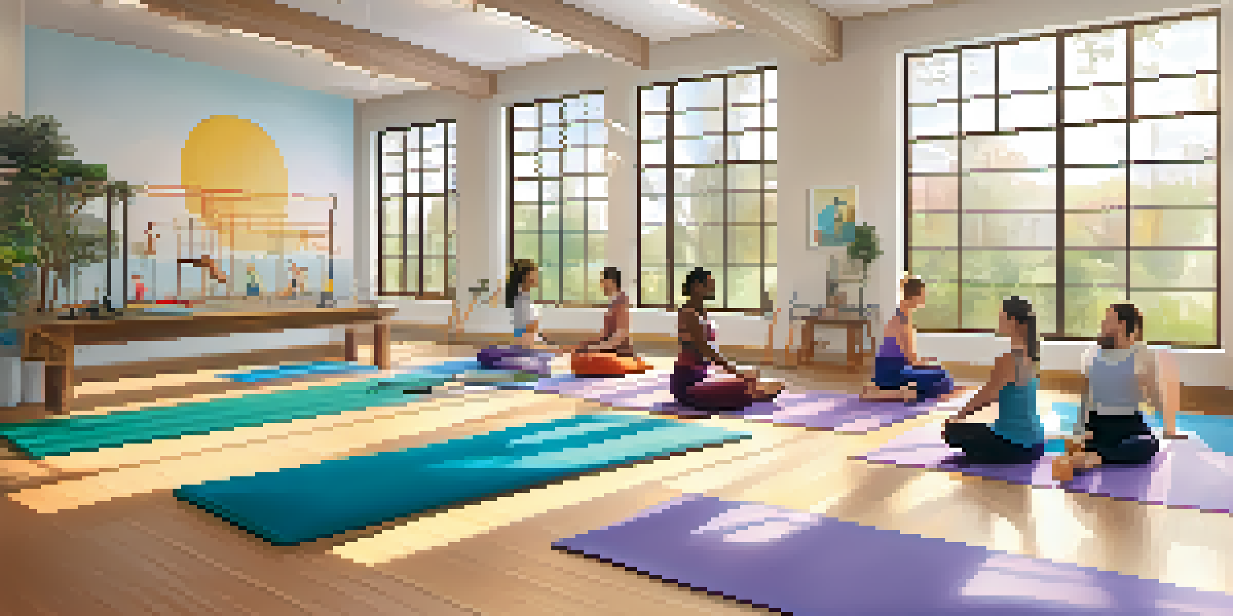 A Pilates studio with individuals of varying abilities practicing exercises on mats, surrounded by natural light and supportive props.