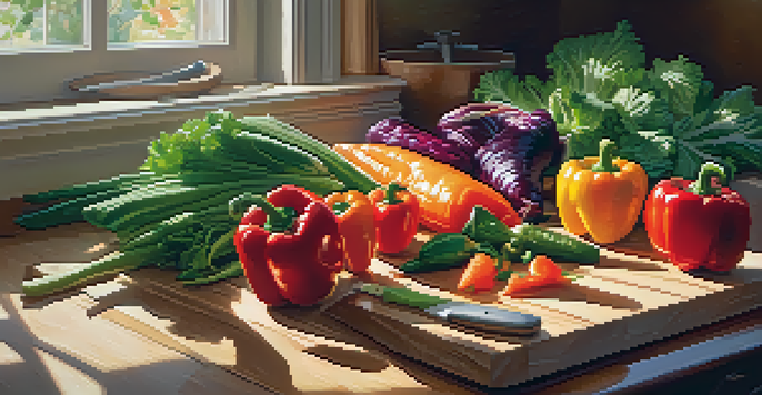A bright kitchen countertop filled with fresh vegetables, grains, and proteins, with sunlight illuminating the scene.