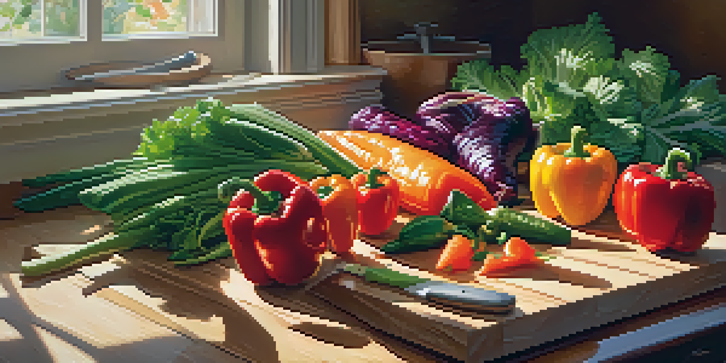 A bright kitchen countertop filled with fresh vegetables, grains, and proteins, with sunlight illuminating the scene.