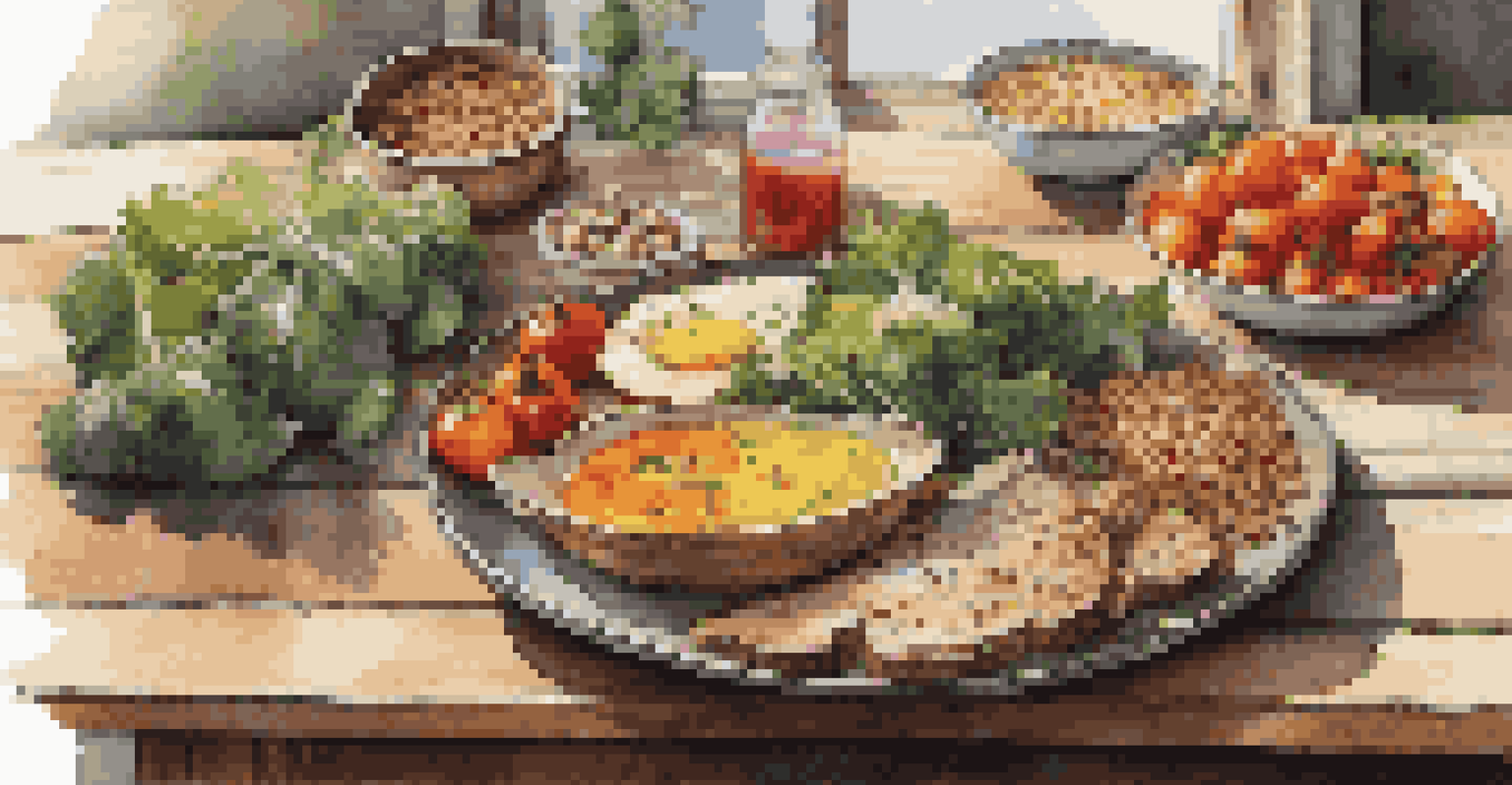 A healthy meal with colorful vegetables and grains displayed on a rustic table, illuminated by sunlight.