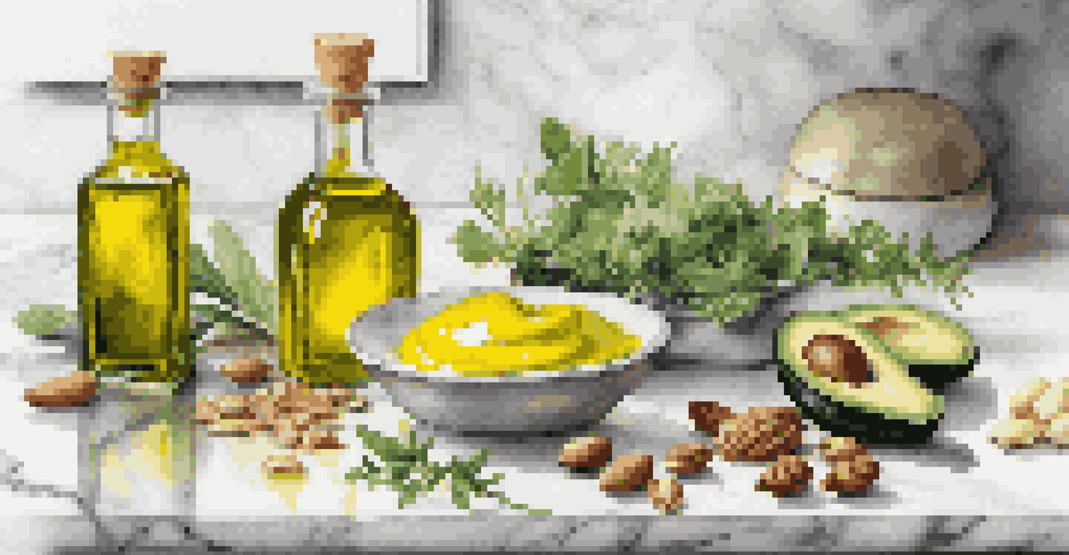 Elegant glass bottles of different cooking oils on a marble counter with fresh herbs and sliced vegetables, featuring a bright focus and soft background.