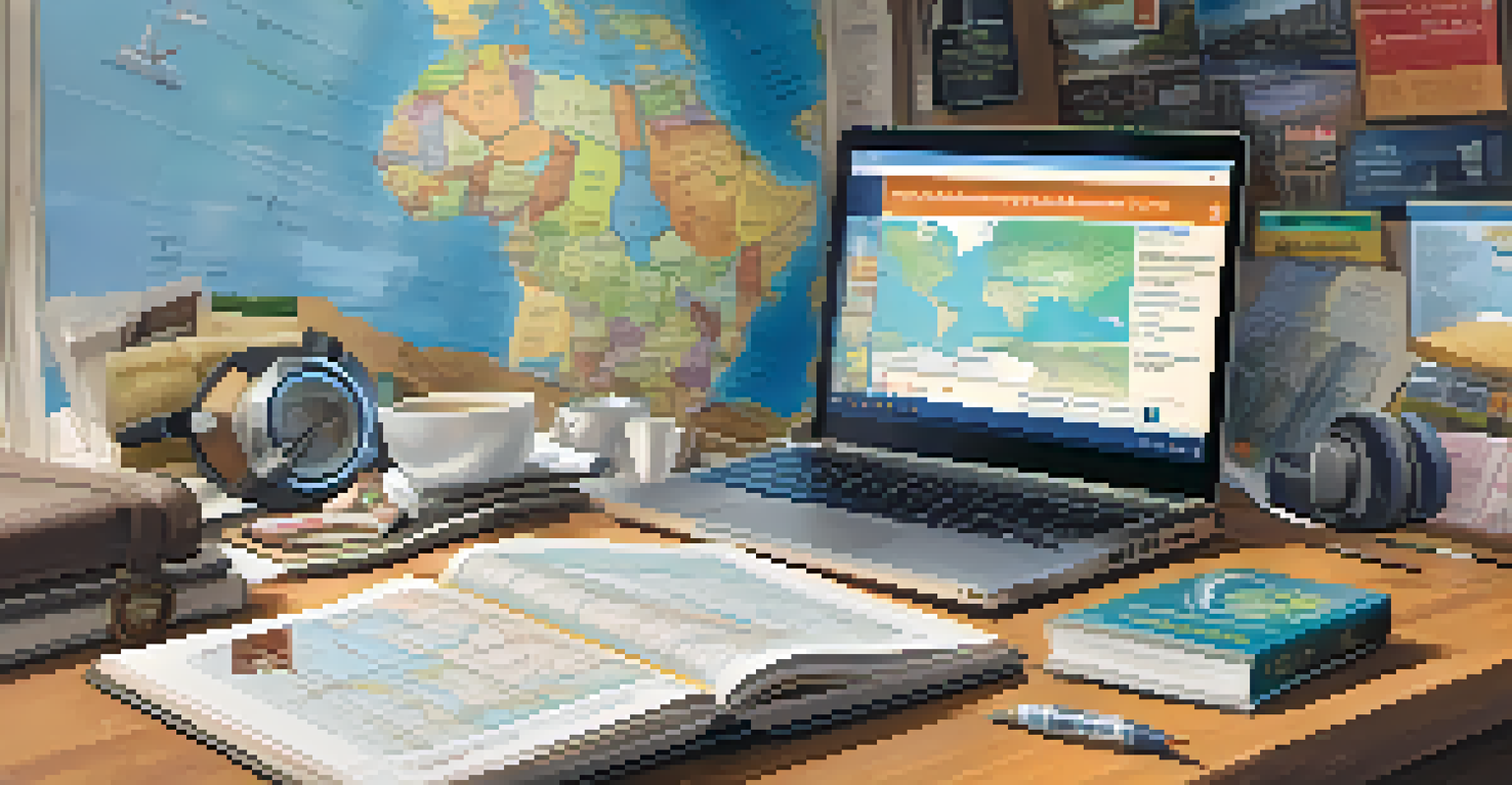 A traveler researching health risks on a laptop, surrounded by travel essentials like a passport and map, in a well-lit setting.