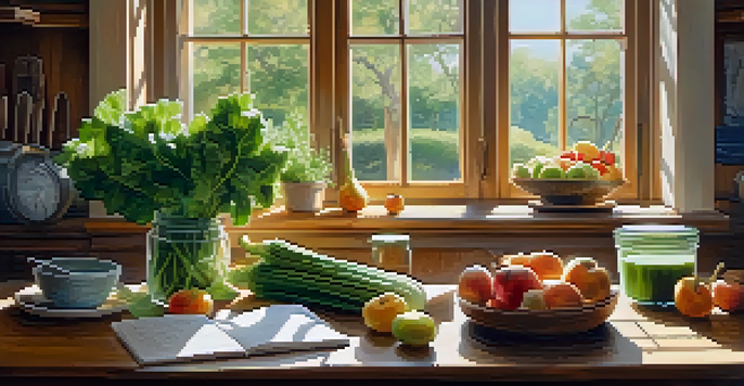 A bright kitchen table filled with fresh fruits and vegetables, a green smoothie, and a notebook for notes on nutrition, illuminated by sunlight.