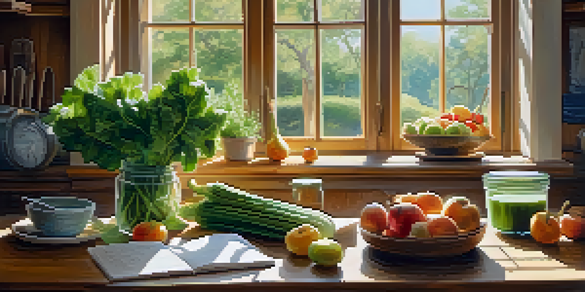 A bright kitchen table filled with fresh fruits and vegetables, a green smoothie, and a notebook for notes on nutrition, illuminated by sunlight.