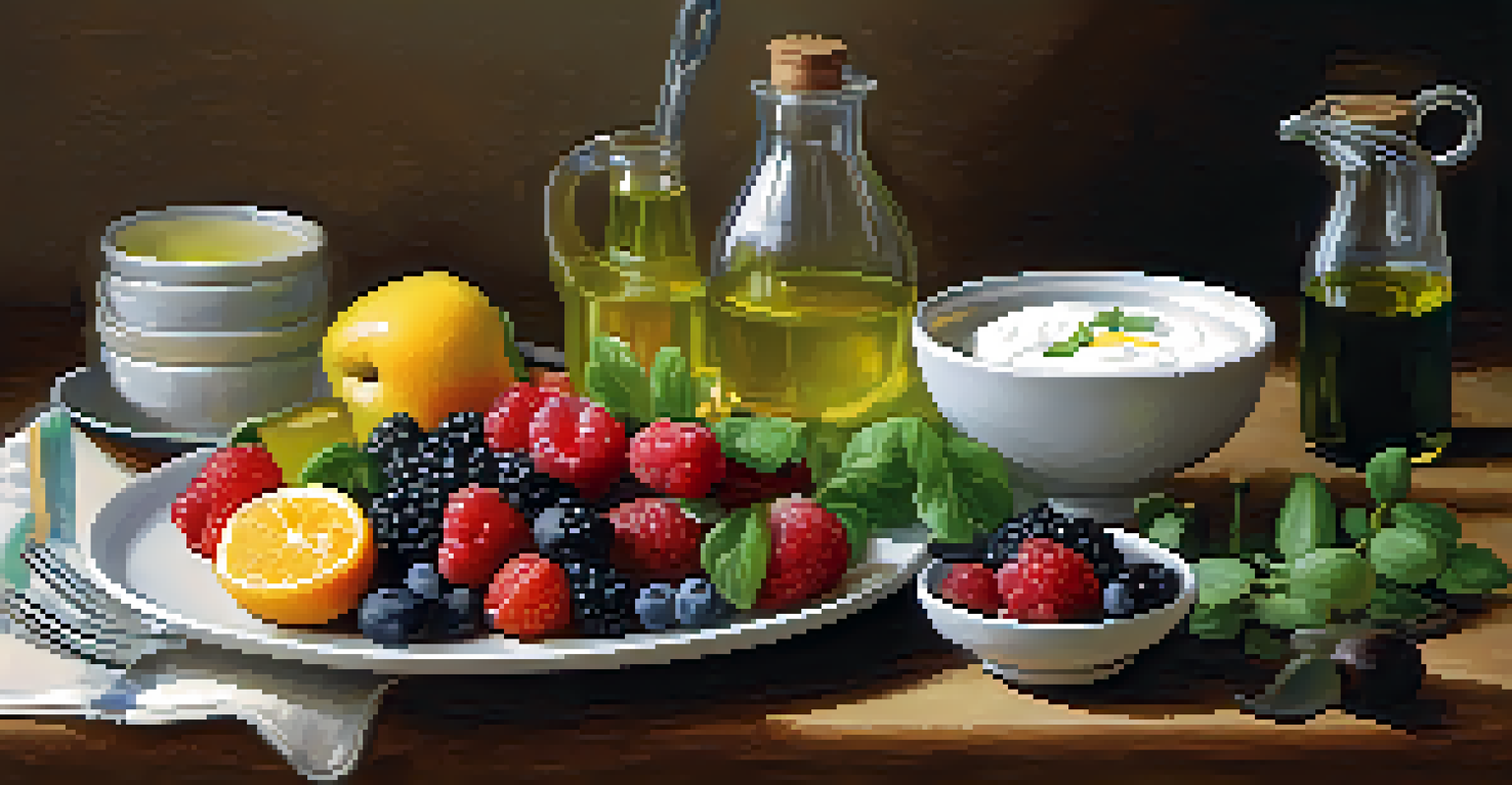 A table set with healthy foods like yogurt, berries, and greens, bathed in soft natural light.