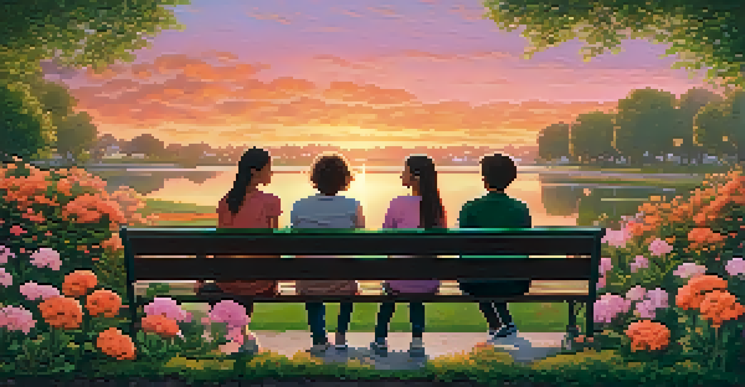 Teenagers sitting on a bench in a garden at sunset, sharing stories and reflecting, surrounded by blooming flowers and warm sky colors.