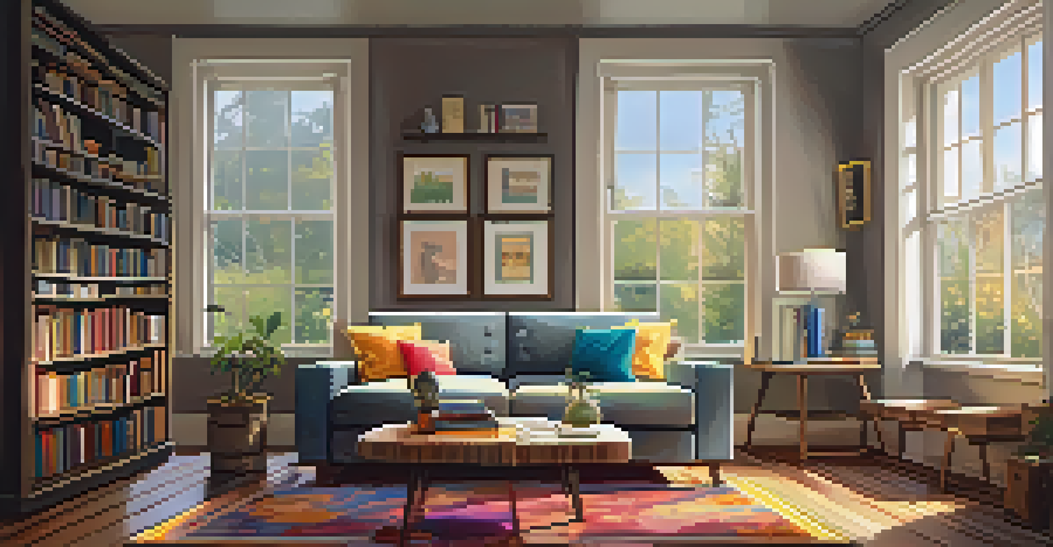 A cozy living room with a couch, coffee table, and bookshelf, illuminated by natural light.