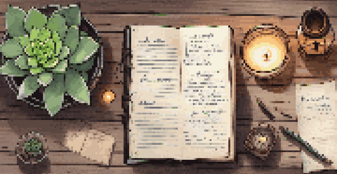 An open journal on a rustic table with handwritten notes and a succulent plant, illuminated by a candle.
