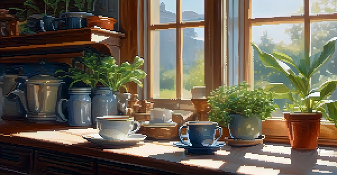 A cozy kitchen with sunlight, a person enjoying coffee at a table surrounded by plants and a notebook.