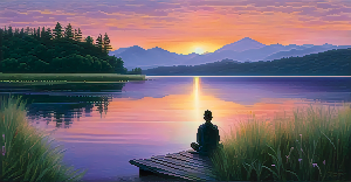A peaceful sunset landscape with a person meditating by a lake, surrounded by trees and mountains.