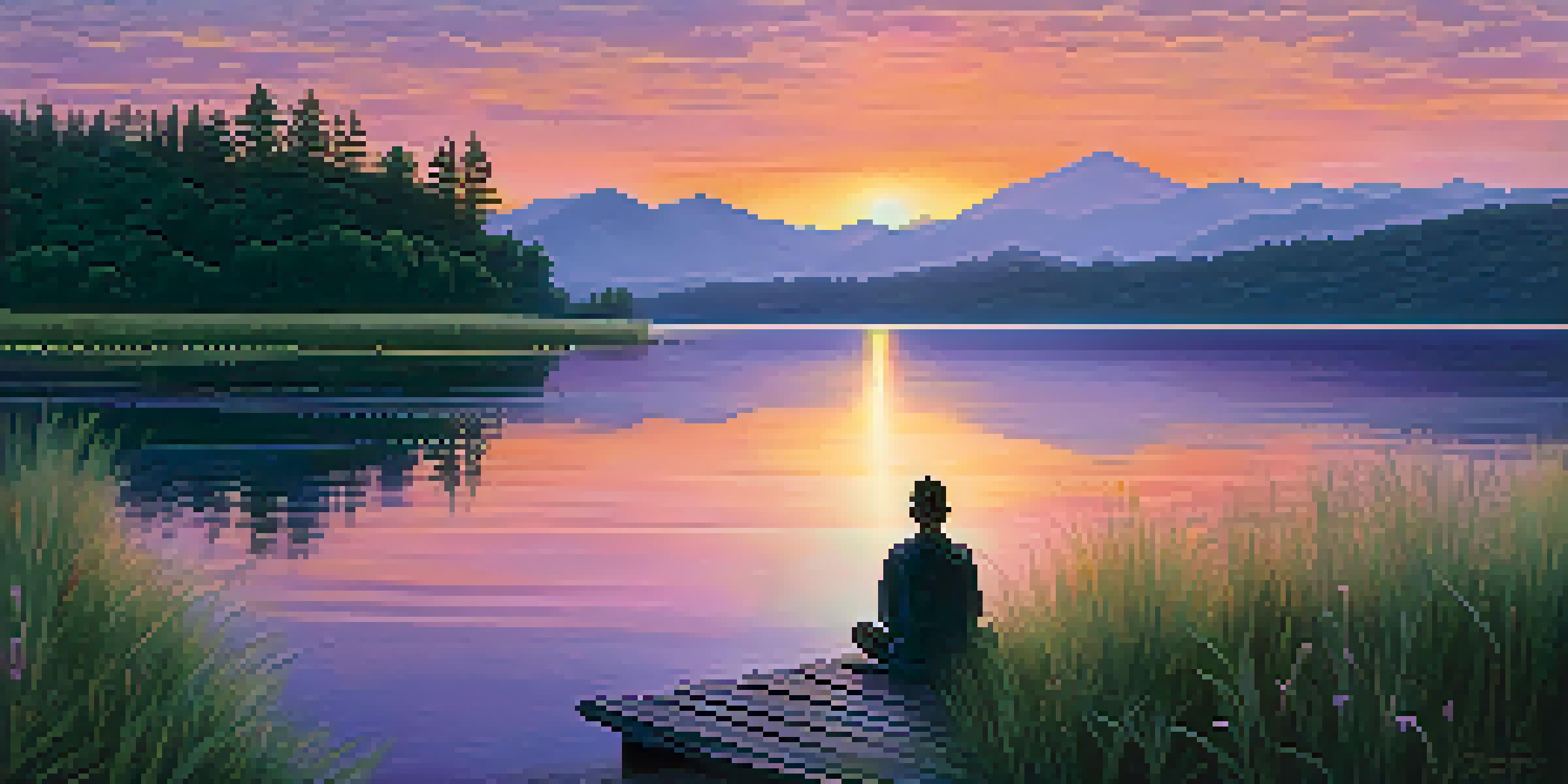 A peaceful sunset landscape with a person meditating by a lake, surrounded by trees and mountains.