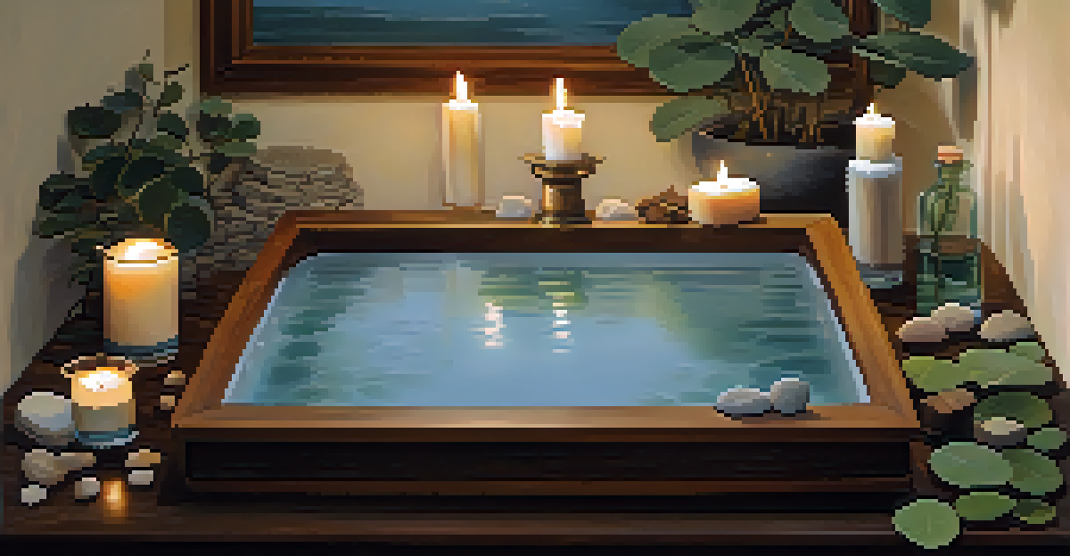 A relaxing bath setup with a wooden tub, essential oils, eucalyptus leaves, and candlelight.