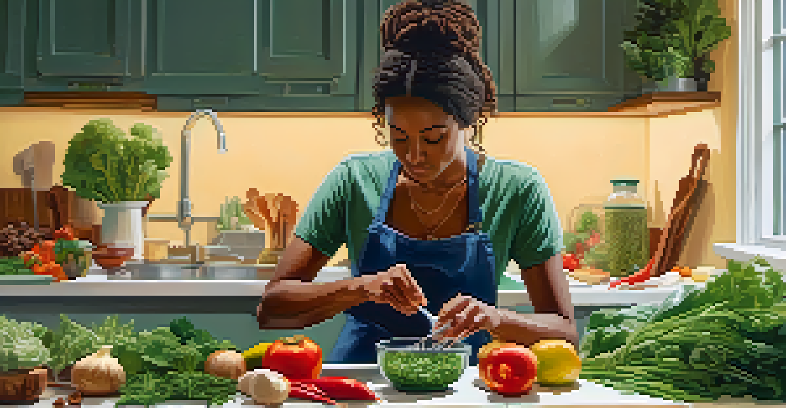 A person preparing a meal at a kitchen counter, surrounded by colorful ingredients and warm lighting, reflecting a mindful cooking experience.