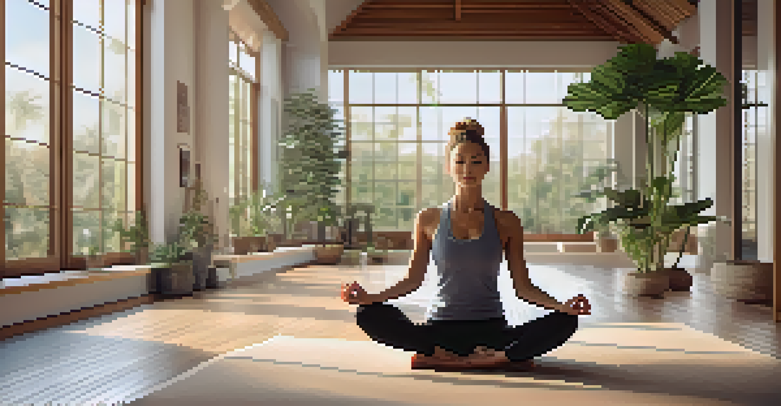 A person practicing yoga indoors with natural light and plants, creating a peaceful atmosphere for mindfulness.