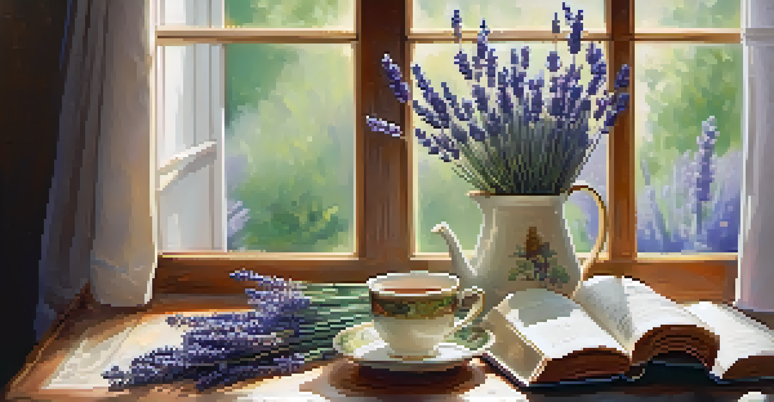 A cozy tea setup with lavender tea, fresh lavender, and an open book on a wooden table.