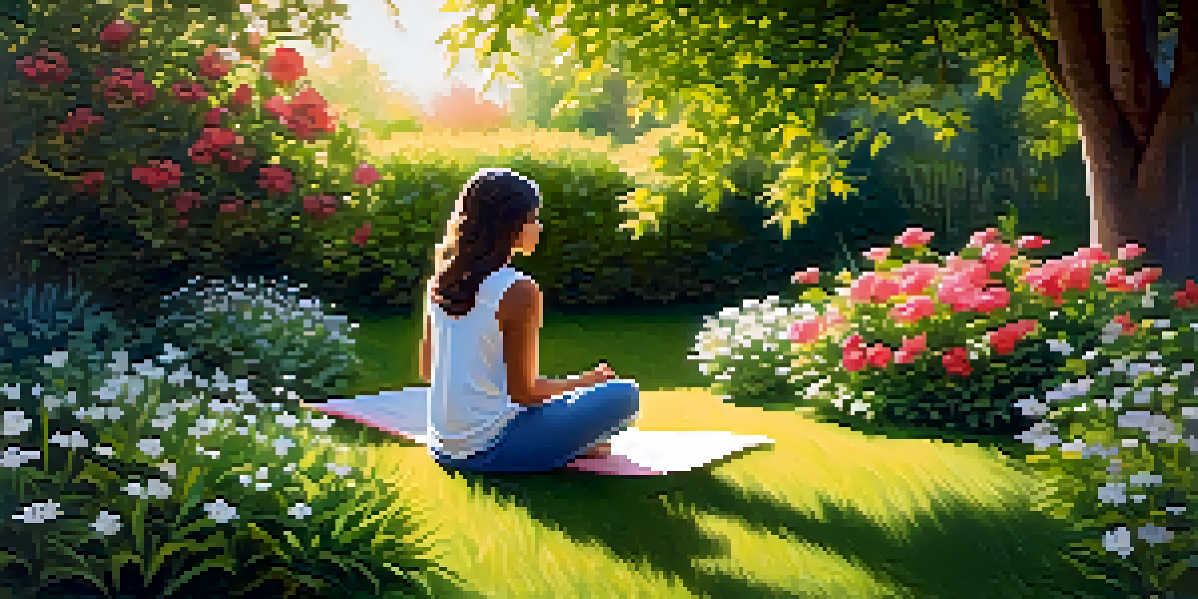 A person meditating in a peaceful garden filled with colorful flowers and greenery, with sunlight filtering through the leaves.