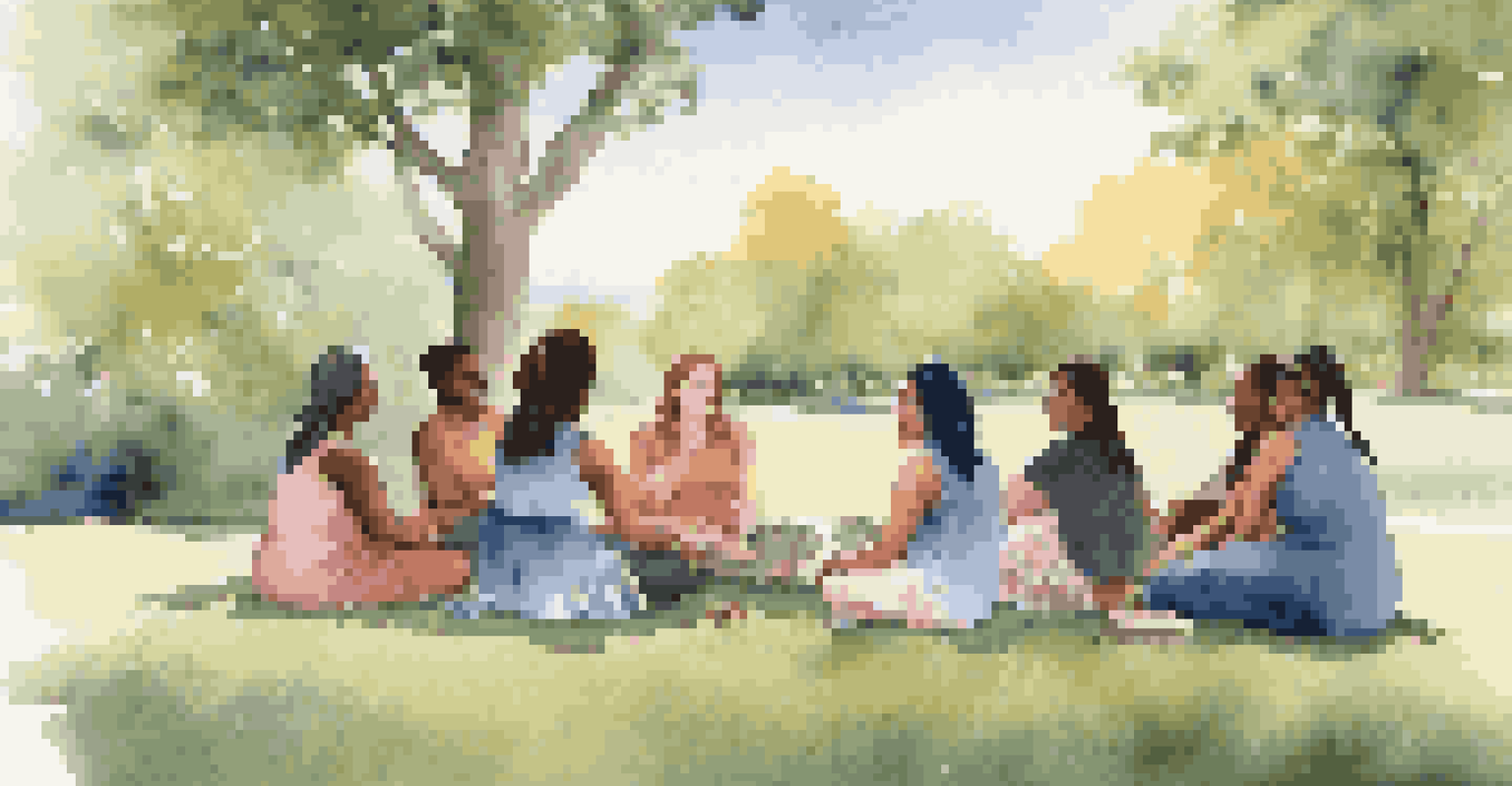 A diverse group of women engaged in a supportive outdoor circle, sharing stories and encouraging one another.