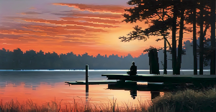 A peaceful lakeside at sunset with calm waters, silhouetted trees, and a person meditating on the dock.
