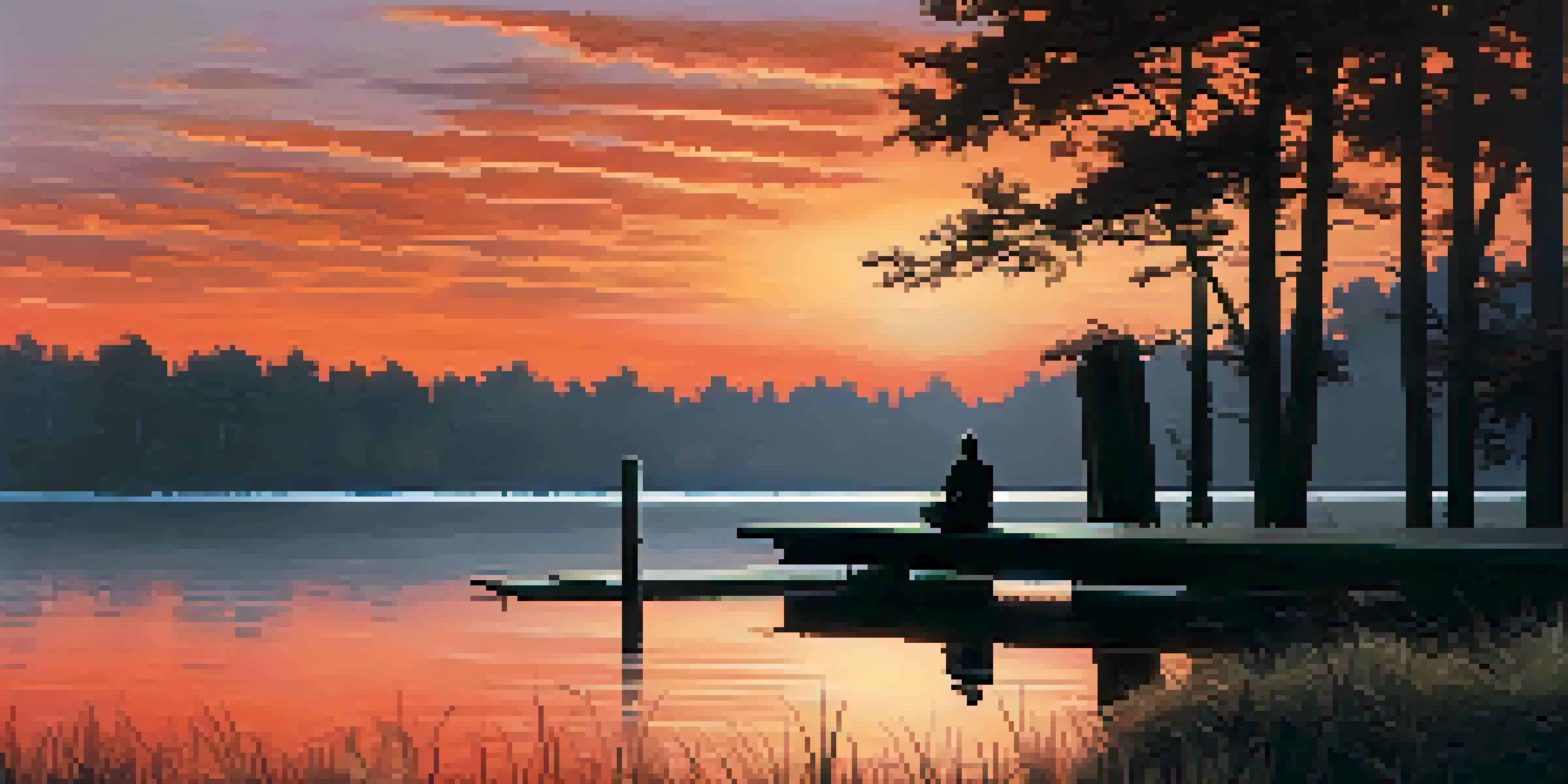 A peaceful lakeside at sunset with calm waters, silhouetted trees, and a person meditating on the dock.