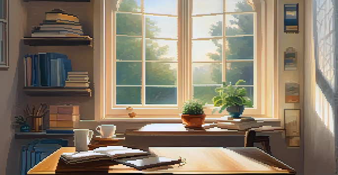 A cozy home office with sunlight streaming through a large window, featuring a wooden desk with a steaming cup of tea, a potted plant, and an open journal, creating a serene atmosphere.