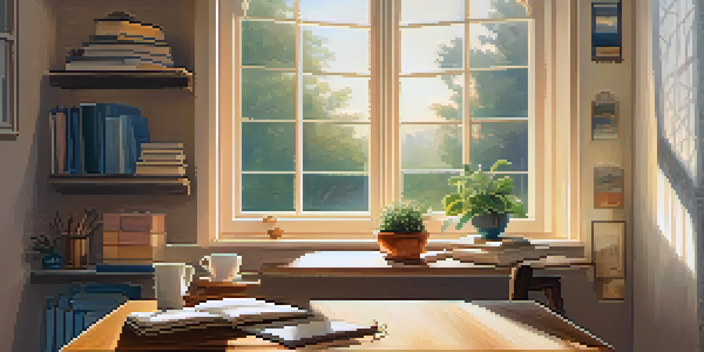 A cozy home office with sunlight streaming through a large window, featuring a wooden desk with a steaming cup of tea, a potted plant, and an open journal, creating a serene atmosphere.