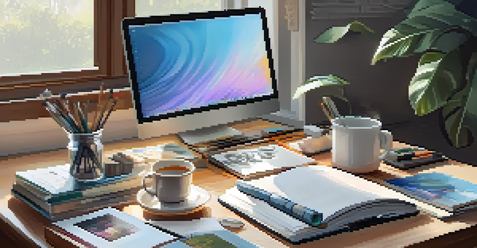 A cozy workspace with art supplies and a cup of tea on a sunny desk.