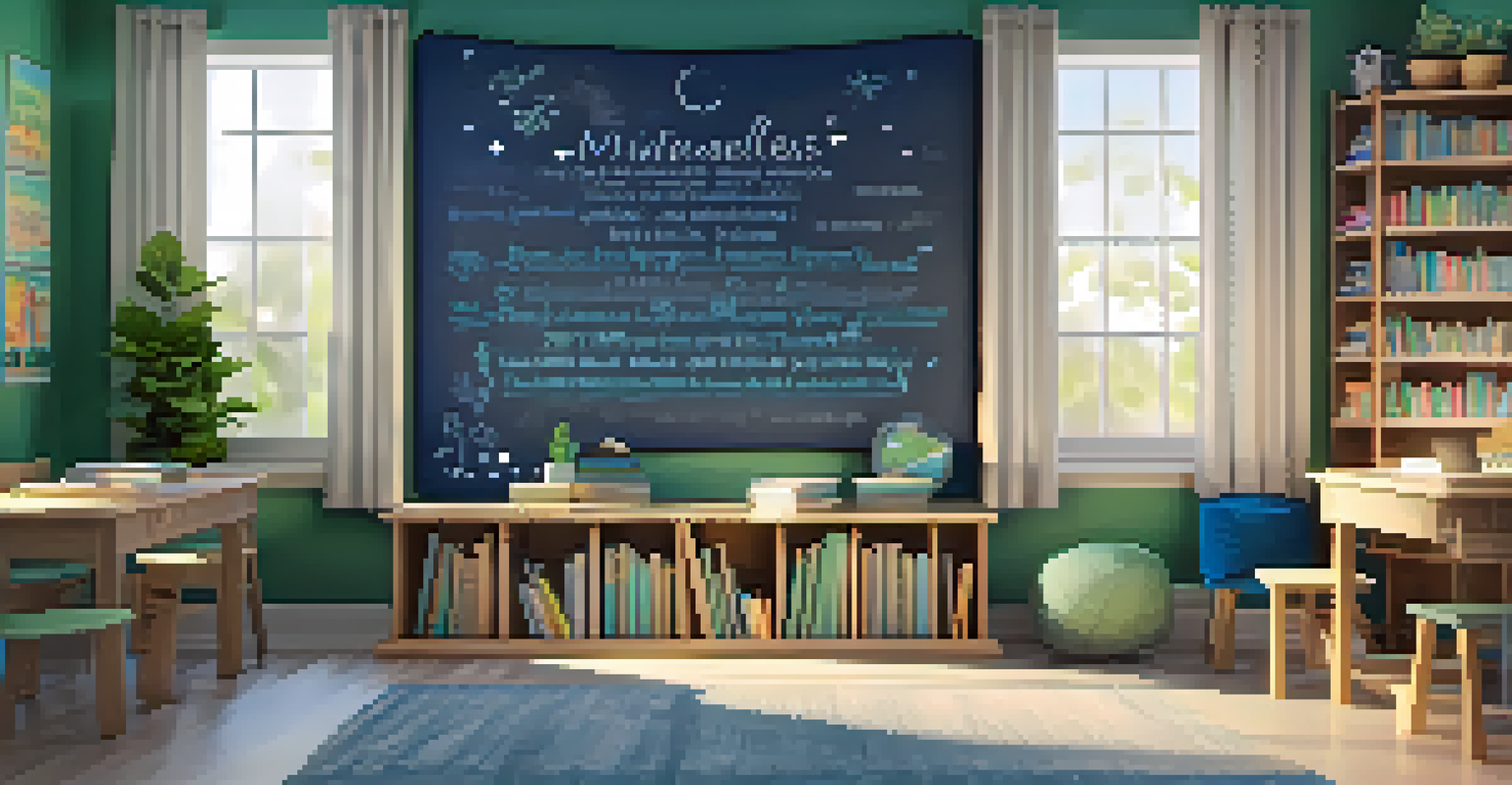 A cozy classroom corner for mindfulness with cushions, soft lighting, and books on mindfulness, promoting a calming atmosphere.