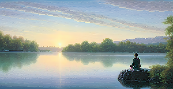 A peaceful lake at sunrise with a person meditating on a rock surrounded by nature.