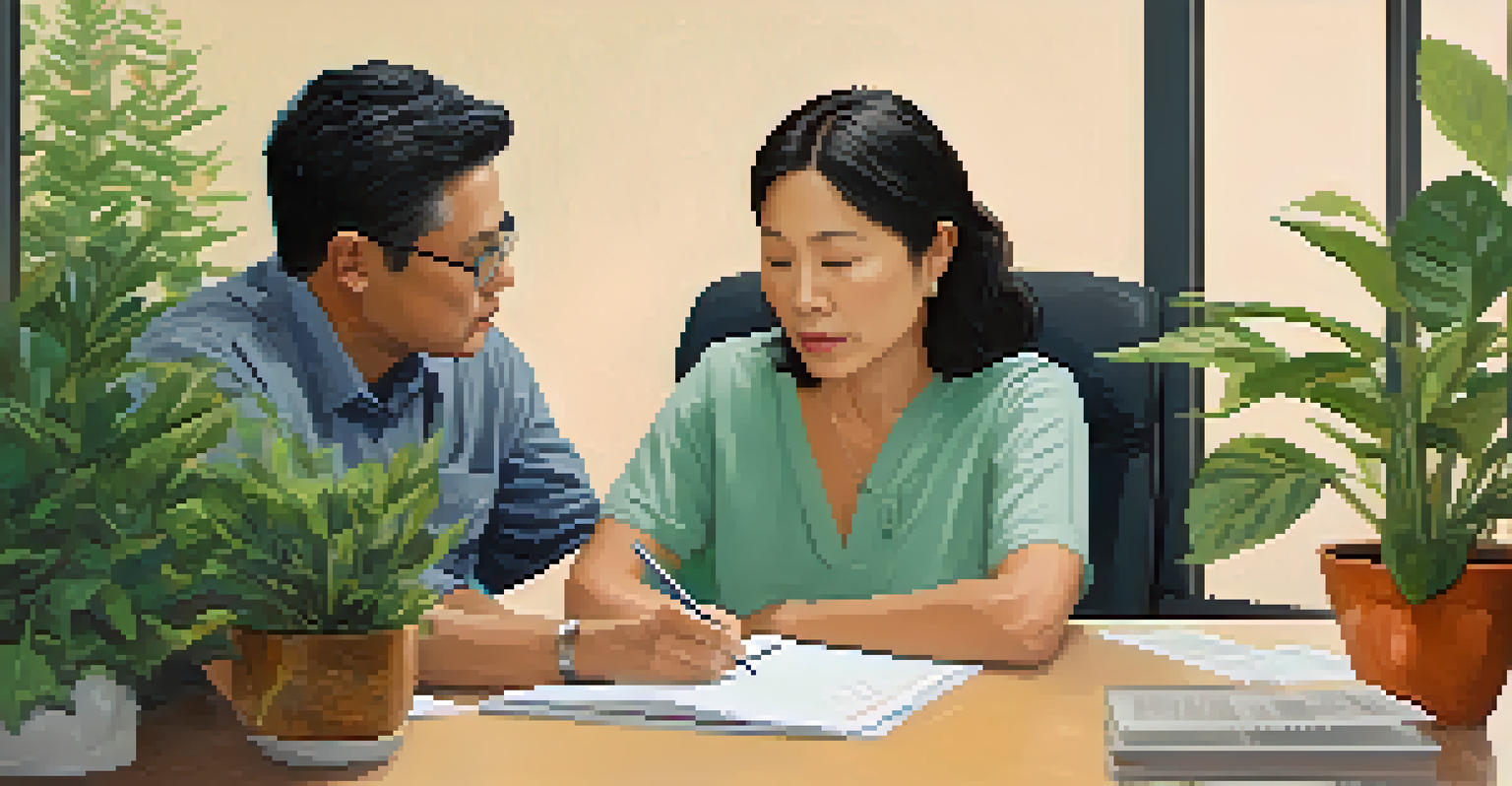 A mental health advocate talking to a distressed person in a comforting office environment.