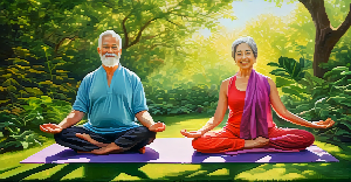 An elderly couple practicing yoga in a bright, green park surrounded by trees and sunlight.