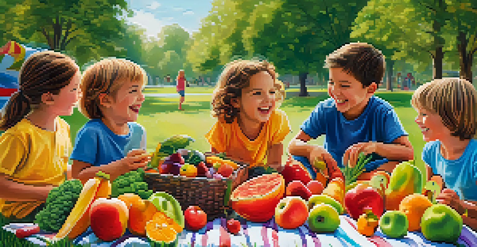 Children participating in a colorful food challenge, holding various fruits and vegetables in a sunny park.
