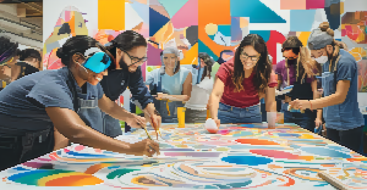 Employees painting a colorful collaborative mural in a lively workspace, showcasing teamwork and creativity.